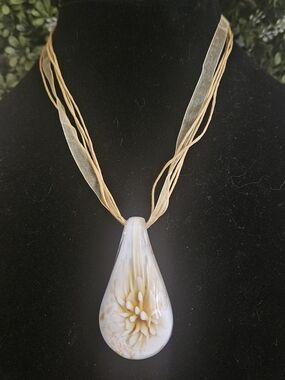 Hand Crafted Blown Glass Pendant Necklace, Yellow And White